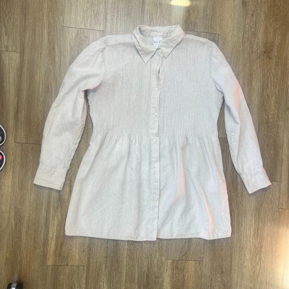 Kate Hill Shirt 100% Linen Women's Large Oatmeal Career Tunic Bib Button Down